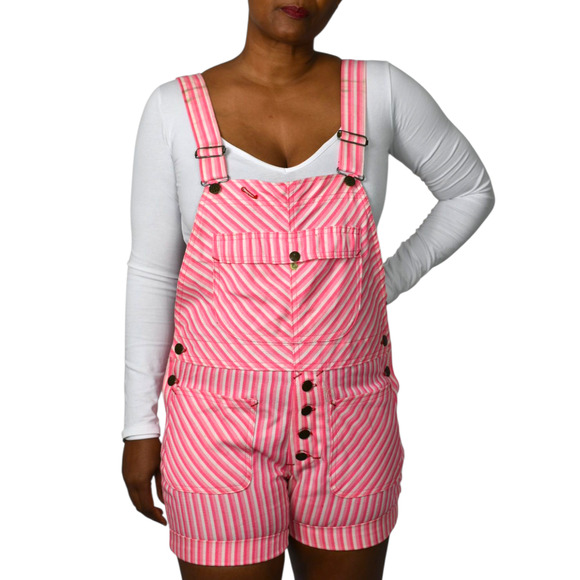 Vintage Mr Fly Bib Overalls Pink Stripe Button Denim Shortalls Shorts Cuffed XS - Picture 9 of 16